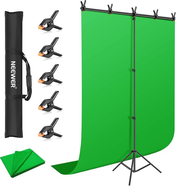 Neewer Green Screen Backdrop Kit, 5 8ft Chromakey Green Background with 5 6.6ft T-Shaped Stand and 5 Clamps for Gaming