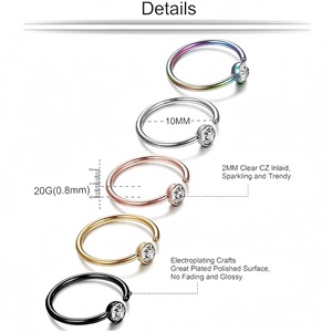 Anneau de nez en acier inoxydable avec zircon, barre en C, forme en U, serti de strass, bijoux de piercing - Product Image 3