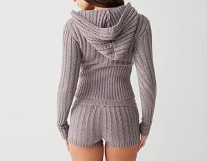 Moda de invierno, nuevo conjunto de Sudadera con capucha de punto para mujer, conjunto de dos piezas de pantalones cortos umbilicales abiertos de manga larga para chica sexy y picante - Product Image 5