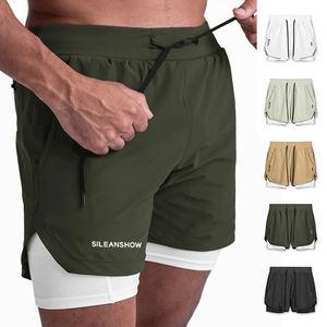 Wholesale Blank 100% Polyester Sporty <b>Mid</b> Waist Breathable 5 Inch Custom Gym Double <b>Layer</b> Men's Drawstring Shorts OEM Service - Product Image 1
