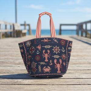 Nautical Lobster Print Cotton <b>Beach</b> <b>Tote</b> <b>Bag</b> with Red Striped Handles - Product Image 3