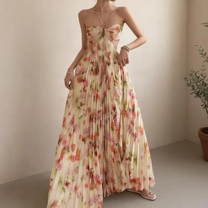 Vestido Maxi Boho Elegante sin Tirantes con Estampado Floral, Cintura Alta, Plisado, Fluido, de Gasa Suave, para Vacaciones, con Hombros Descubiertos, Largo - Product Image 3