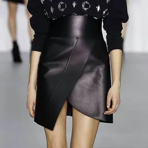 2023 Latest Real Sheep Skin Leather Tight Slim Women Zipper Sexy Black Irregularity Leather Mini Skirt