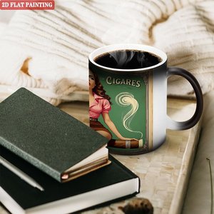 Mug en céramique noir givré de 11 oz, changeant de couleur à la chaleur, avec motif vintage de pin-up fumeuse de cigare, peinture plate 2D - Product Image 3