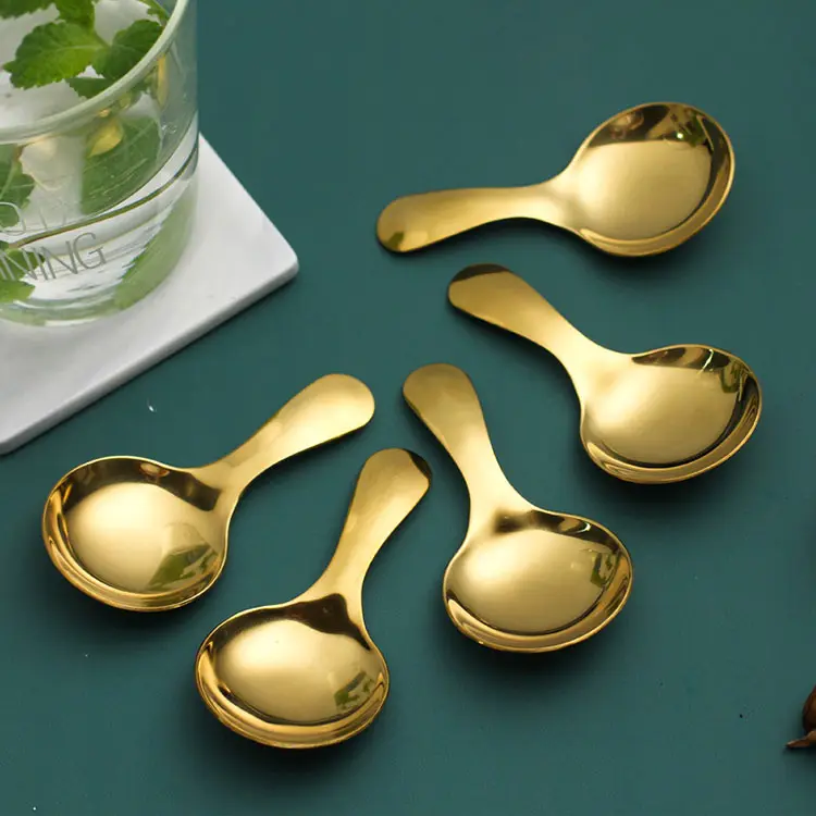 Cute Stainless Steel Spoon Short Handle Gold Ice Cream Tea Coffee Spoon Kids Spoon Kitchen Condiment Spice Scoop