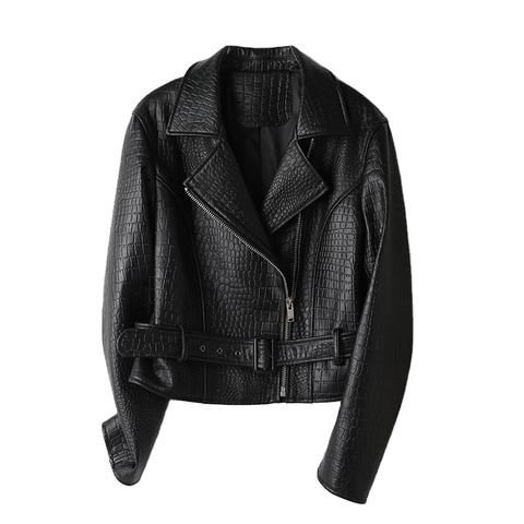 3206 Spring Autumn Solid Color Turn Down Collar Long Sleeves Ladies Bike Pure Leather Jacket