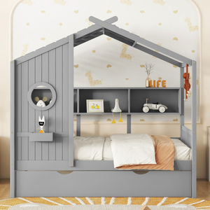 Cama Moderna de Madera Tamaño Completo con Cama Nido, Diseño Moderno para Niños con Estante de Almacenamiento - Product Image 1