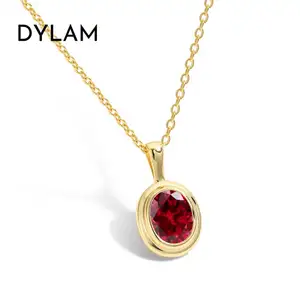 Dylam In Stock Fine Jewelry 925 Sterling Silver necklace 18k gold plated Red Oval Shape 5A Zirconia Pendant Necklaces for women