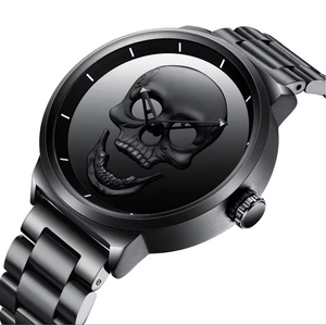 Montre-bracelet à quartz pour homme en acier inoxydable, cadran crâne 3D sculpté, verre saphir, style punk tendance et hip-hop, vente en gros - Product Image 2