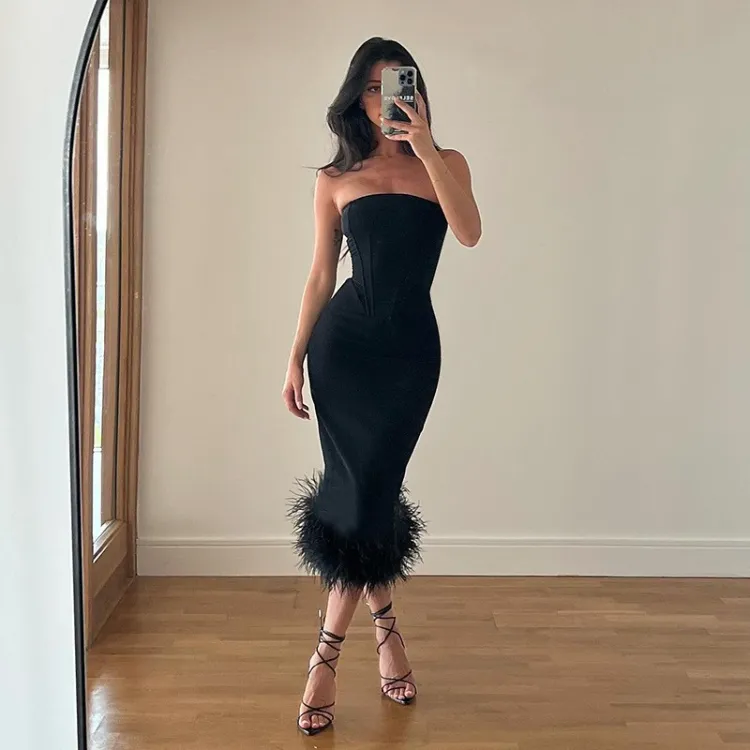 Enyami Sexy Classic Style Black Party Prom Tube Dress Plume Hem Women Cocktail Evening Dresses With Feathers