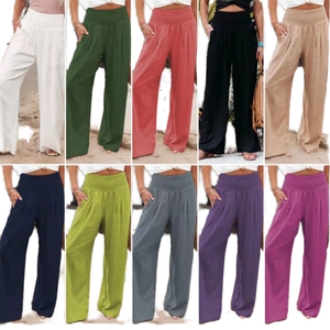 Plus Size 3XL Summer New Women Cotton Linen Wide Leg Pants Casual Loose Fit Solid Color High <strong>Waist</strong> with Drawstring Beach <strong>Trouser</strong> - Product Image 2