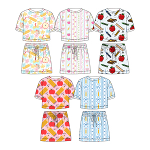 Ensemble décontracté respirant en coton et élasthanne pour bébés filles, avec short et chemise, motif pomme, collection rentrée scolaire, style boutique personnalisé - Product Image 3