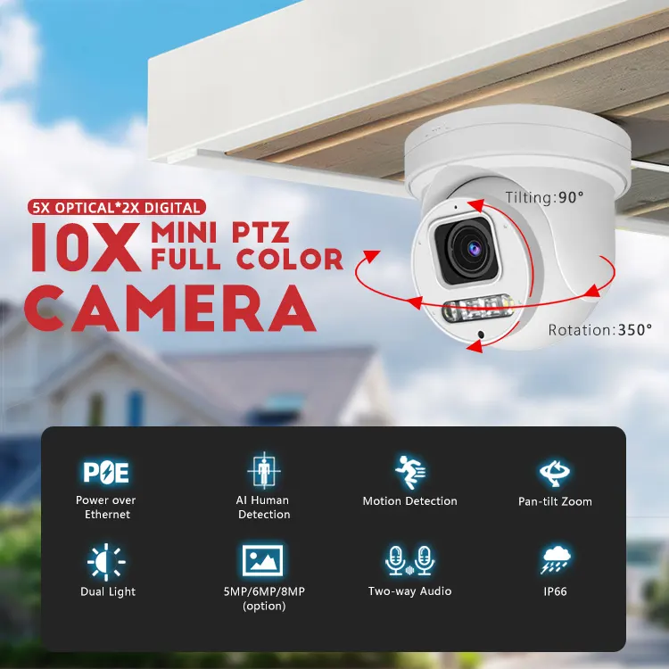 8MP 10X Motor AF ColorVU POE IP Camera Dual Light IR Turret 2 Way Audio PTZ CCTV Security Camera 4K
