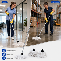 Serpillère en coton avec manche télescopique en aluminium, 2 têtes de rechange supplémentaires, serpillère absorbante pour le nettoyage des sols