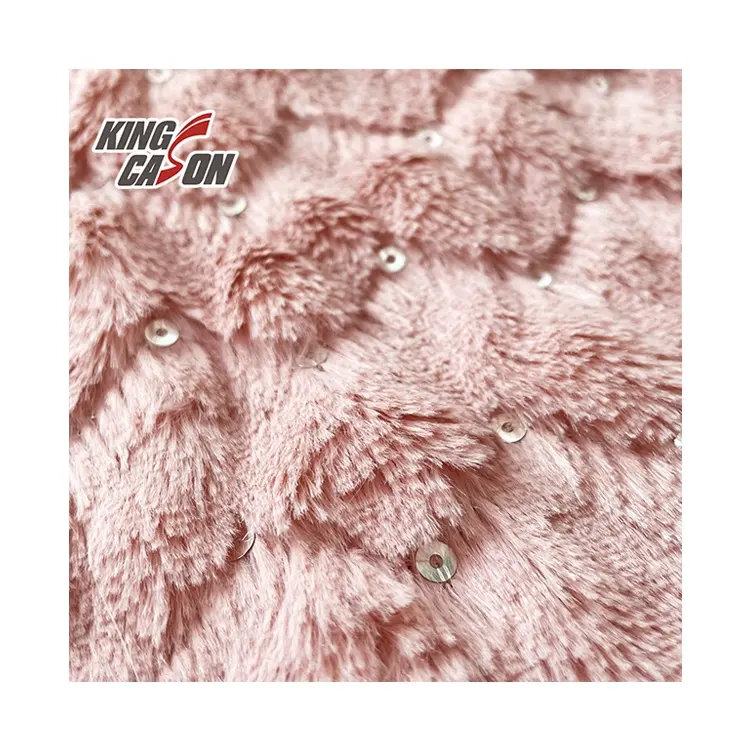 Kingcason Wholesale New Popular Design Fuzzy Fluffy Sequin Foil Pink Color Single Side Brush Rabbit Faux Fur For Women Clothing