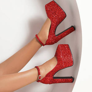 Escarpins élégants pour femme à talons épais et plateforme haute, ornés de paillettes brillantes, rouges, à bout pointu et bride cheville, à talons très hauts - Product Image 5