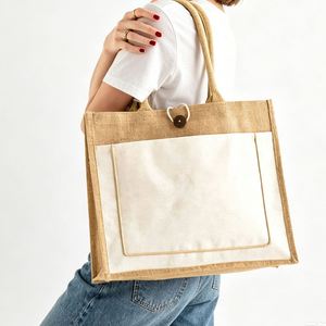 Sac fourre-tout personnalisé en jute et toile avec fermeture à bouton-pression et poignées en corde épaissie, idéal pour les trajets quotidiens - Product Image 1