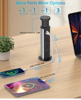 Enchufe de escritorio emergente de 60 mm con cargador inalámbrico de 15 W, USB-C PD de 20 W, USB-A de 18 W y 3 tomas de CA, regleta retráctil