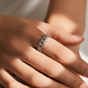 S925 Silver Hiphop Chain <b>Ring</b> With <b>Crystal</b> Pave Setting Geometric Unisex Everyday Wear Edgy Full Pave Cuban Chain Statement <b>Ring</b> - Product Image 5