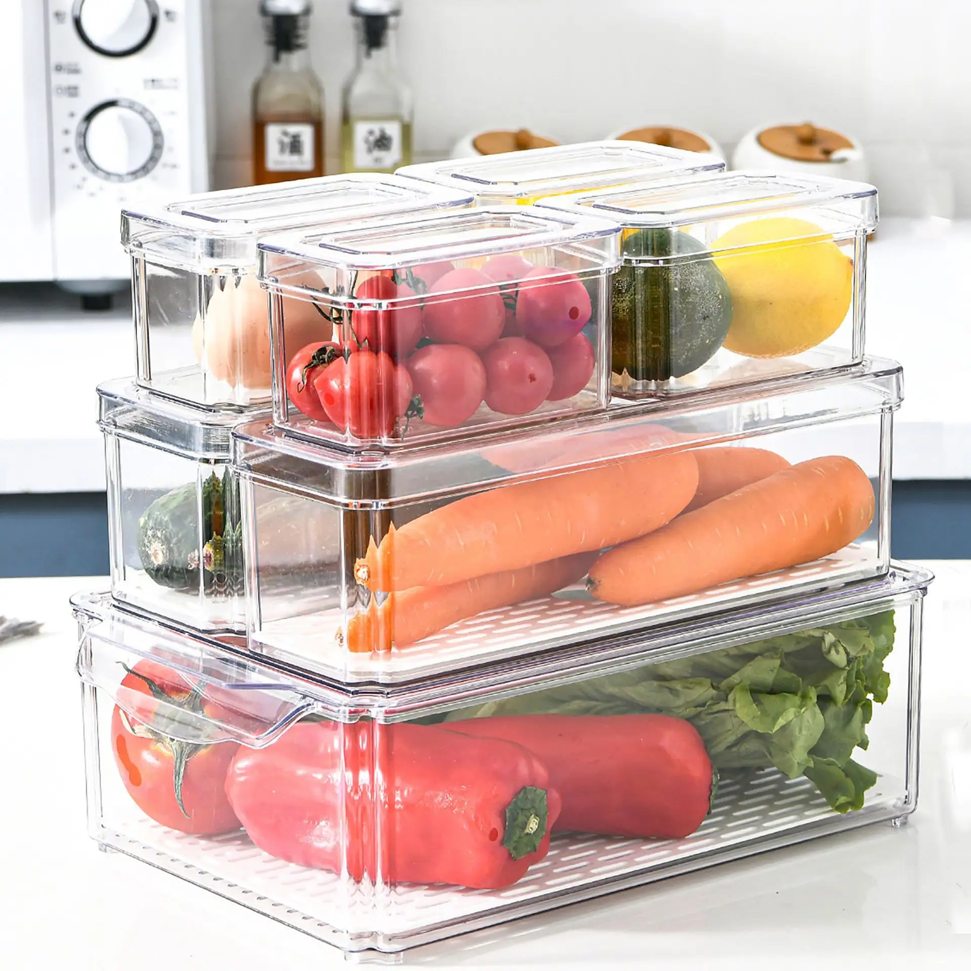 Nuovo arrivo 7 pezzi PET frigorifero Organizer contenitori di stoccaggio frigorifero contenitori per alimenti set con coperchio accessori da cucina