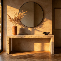 Table console en marbre travertin beige minimaliste moderne, parfaite pour la décoration de salon haut de gamme et d'entrée.