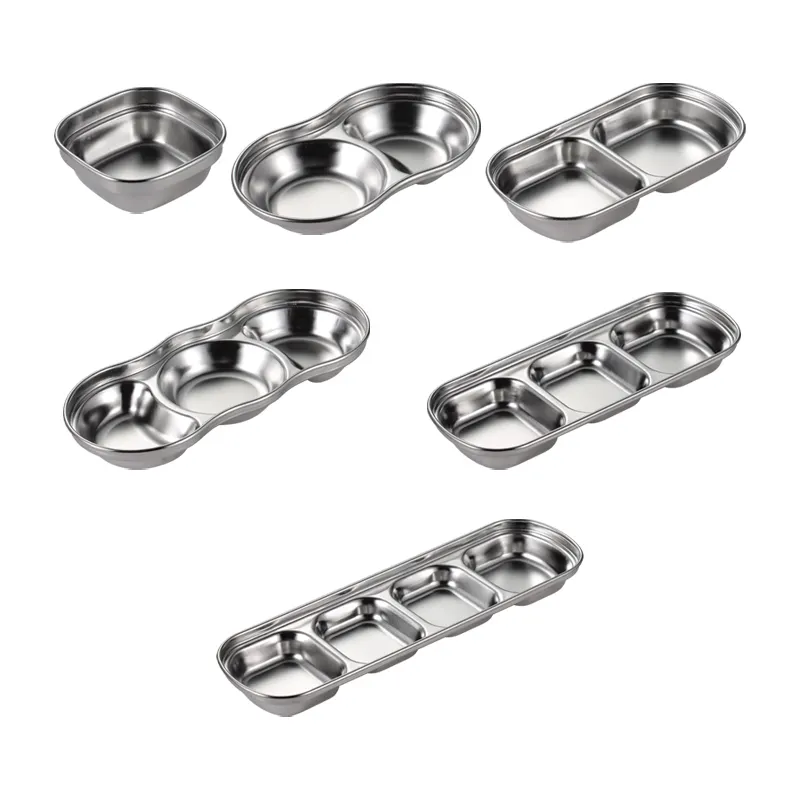 Wholesale Korean Silver Gold 3 Compartments Stainless Steel Dinner Serving Plates Sushi Seasoning Mini Dishes 3028001