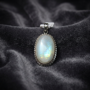 Natural <b>Moonstone</b> Oval Pendant Rhodium Plated Round Bead Chain Womens Bohemian Healing Gift Dainty Certified <b>Jewelry</b> - Product Image 1