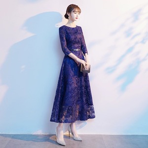 Blue Lace Evening Gown O-Neck 3/4 Sleeve Navy Blue Vintage Style For Banquet Wedding Mother Of Bride Dress - Product Image 3