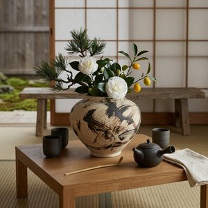 Vase rond en poterie brute de style <span class=keywords><strong>peinture</strong></span> à l'encre orientale, brossé à la main, beige et noir, en céramique, pour la décoration zen de la maison - Product Image 4