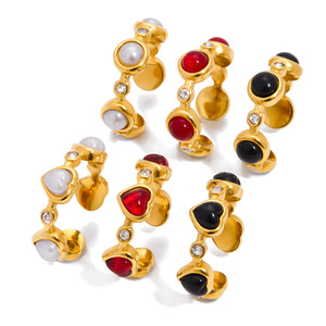 Heart Shape Gold Stainless Steel <b>Ring</b> With Black Glass And Diamonds <b>Open</b> Design Unisex Jewelry Gift - Product Image 5