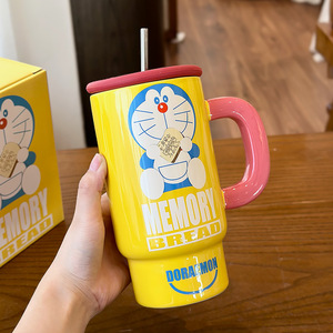 Zuo Mu Doraemon Ceramic <b>Cup</b> with Lid and Handle Large Capacity <b>Insulated</b> Straw <b>Cup</b> First-class Quality for Gift Spring 2025 - Product Image 1