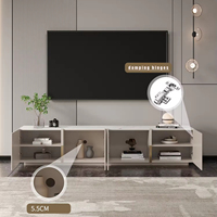 Meuble TV long et minimaliste blanc avec plateau en pierre, centre de divertissement multimédia, meuble TV pour salon