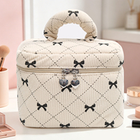 Trousse de Maquillage en Velours Côtelé 2 Pièces Grande Capacité Portable avec Imprimé Nœud et Poignée Rembourrée, Sac de Voyage pour Femmes