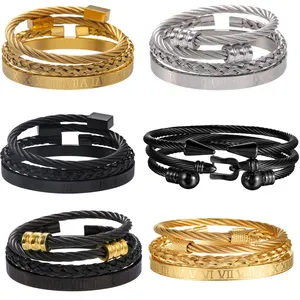 DAIHE 3PCS Black Stainless Steel Bracelet for Men Hiphop Weave Roman Numerals Twisted Waterproof Cuff Bangle