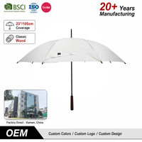Parapluie promotionnel durable en RPET, tissu pongé blanc, manche en bois, ouverture automatique, fermeture manuelle, logo personnalisé imprimé