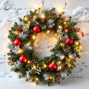 YUELIAN Corona Navideña Artificial de 20cm-60cm Preiluminada con Luz Cálida, Piñas y Ramas Escarchadas para Decoración de Puerta Principal o Pared - Product Image 2
