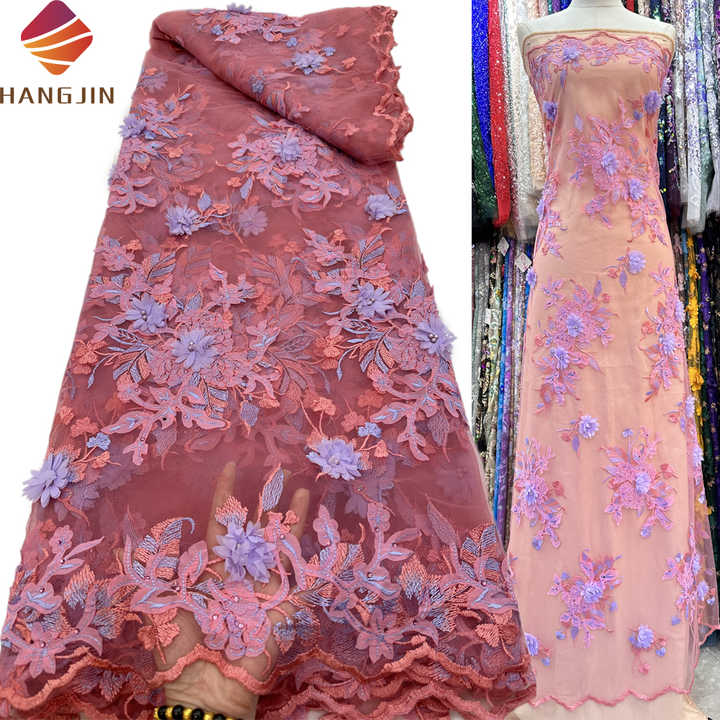 Luxury 3D Floral Embroidery French Tulle Lace Fabric With Beads 3D