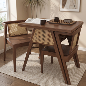 Ensemble de salle à manger traditionnel 3 pièces en bois massif avec chaises à dossier en rotin, design écologique et peu encombrant pour la salle à manger à domicile - Product Image 3