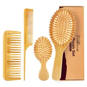 Saç için en iyi satış bambu doğal renk tarak seti yüksek kaliteli kağıt kutu ambalaj saç tarak ve fırça seti ev kullanımı