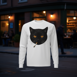 Black Cat Smoking <b>Cigarette</b> Long <b>Sleeve</b> T-Shirt Crew Neck Unisex Adult Digital Printing Promotional - Product Image 3