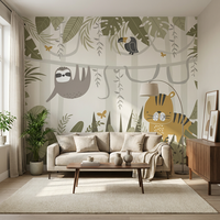 Papier peint pour enfants en polyester moderne personnalisé auto-adhésif, motif d'animaux mignons en dessin animé, imperméable, à coller et à décoller, décoration murale pour chambre à coucher