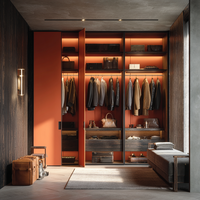 Système de dressing encastré pour chambre à coucher, orange brûlé, MDF, portes battantes, étagères réglables en noyer avec éclairage LED, design moderne et luxueux, du sol au plafond