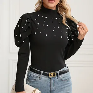 New Design 2024 Spring Autumn Women Wear High-neck Princess Pearl Full Sleeve Slim-fit Bodice Women Tops