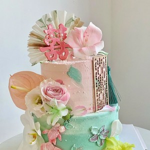 Honey And Sweetness Chinese Style Cake Decoration Acrylic Fan Wooden Insert For Wedding Cake Topper - Product Image 3