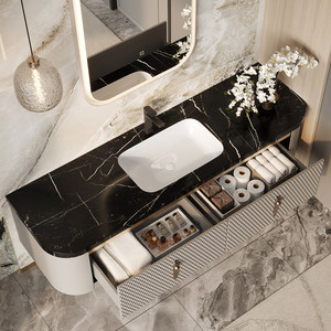 Modern luxury rock slab countertop ceramic basin intelligent <b>mirror</b> cabinet <b>wall</b> mounted bathroom cabinet - Product Image 5
