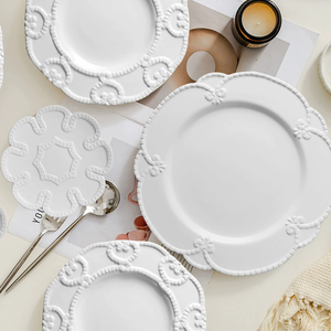 Design criativo Flor Branca Cerâmica Em Relevo Dinner Plate Set Criativo Asse Pratos para Household & Wedding Carregador Louça - Product Image 3