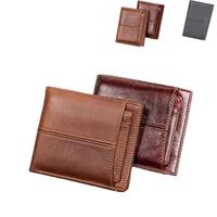 Dompet Kartu Pria Kulit Asli Anti-RFID, Model Pendek, Motif Benang, Lapisan PVC, Minimalis Tipis, Diskon Besar