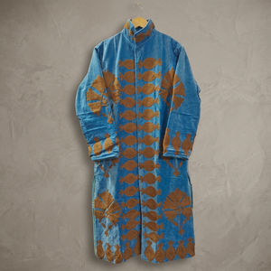 Wholesale Indian Handmade Suzani Embroidered Light Blue Velvet Kimono Jacket Long Duster <b>Coat</b> Vintage Fish Floral Motif <b>Women</b> - Product Image 5