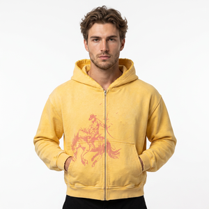 Sweat-shirt à capuche jaune zippé pour homme avec imprimé cheval de cowboy, en molleton décontracté, coupe classique, pour l'automne - Product Image 1