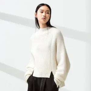 Suéter de lana merina para mujer, suéter personalizado de algodón acrílico acanalado de punto redondo, tejido sobre 100%